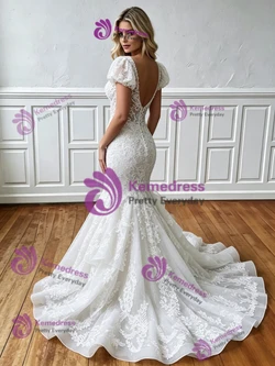 White Mermaid Lace V-neck Puff Sleeve Wedding Dress