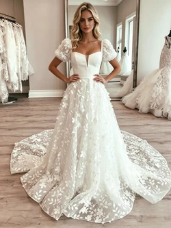 White Tulle Puff Sleeve Appliques Wedding Dress
