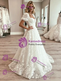 White Tulle Puff Sleeve Appliques Wedding Dress