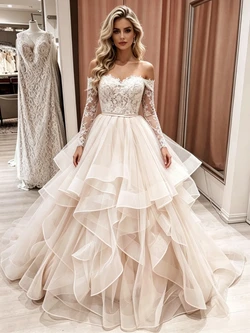 Champagne Tulle Lace Long Sleeve Wedding Dress