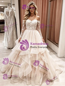 Champagne Tulle Lace Long Sleeve Wedding Dress