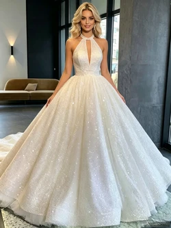 White Sequins Halter Sequins Backless Wedding Dress