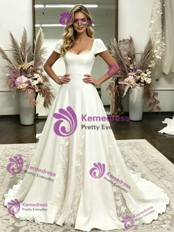 White Cap Sleeve Appliques Wedding Dress