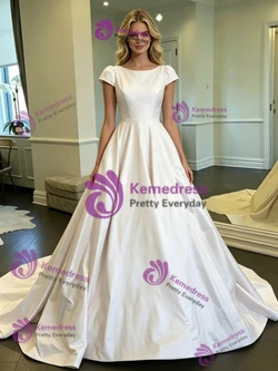 White Satin Cap Sleeve Wedding Dress