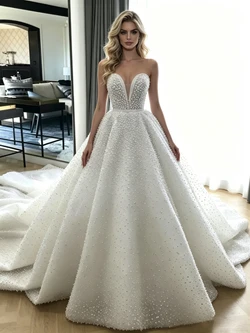 White Ball Gown Sequins Strapless Wedding Dress
