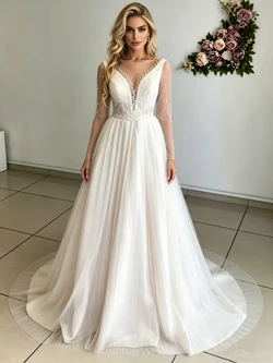 Beige White Tulle Long Sleeve Wedding Dress