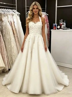 White Tulle Halter Wedding Dress