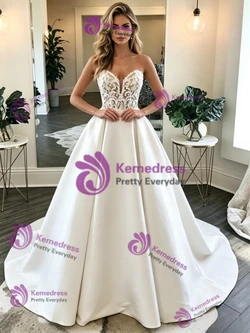 White Satin Lace Strapless Wedding Dress