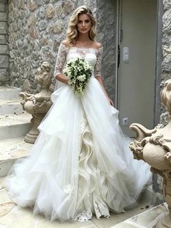 White Tulle Lace Short Sleeve Wedding Dress