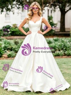 Simple White Satin Straps Wedding Dress