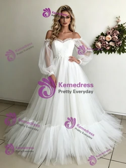 White Tulle Long Sleeve Pleats Wedding Dress
