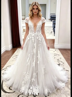 White Lace V-neck Wedding Dress