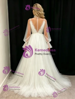 White Tulle High Neck Long Sleeve Wedding Dress