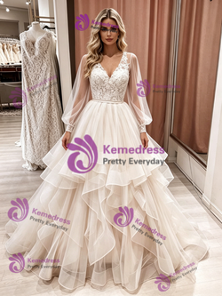 Champagne Tulle V-neck Lace Wedding Dress