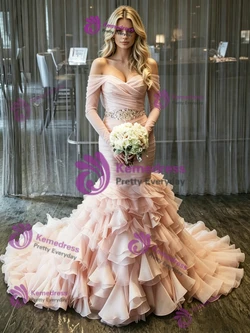 Pink Tulle Off the Shoulder Pleats Wedding Dress