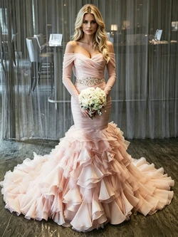 Pink Tulle Off the Shoulder Pleats Wedding Dress