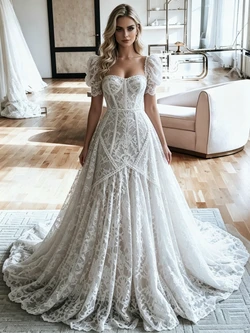 White Lace Puff Sleeve Wedding Dress