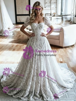White Lace Puff Sleeve Wedding Dress