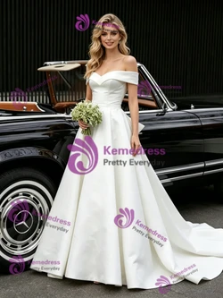 White Satin Off the Shoulder Wedding Dress