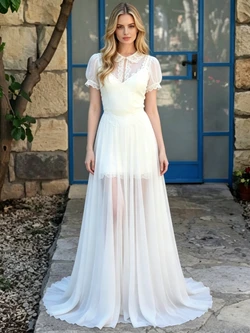 White Chiffon Lace Short Sleeve Wedding Dress