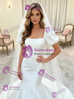 White Mermaid Satin Puff Sleeve Wedding Dress