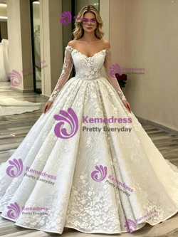 White Ball Gown Tulle Lace Long Sleeve Wedding Dress