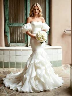 Beige White Tulle Off the Shoulder Wedding Dress