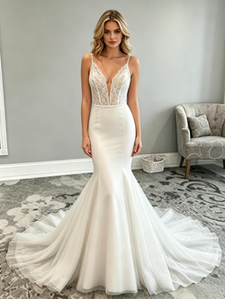 White Mermaid Tulle Spaghetti Straps Wedding Dress