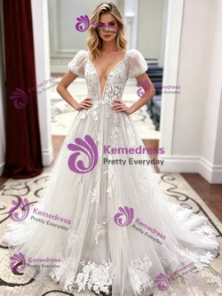 White Tulle Lace Puff Sleeve Appliques Wedding Dress