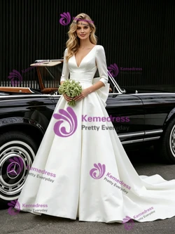 White Satin 3/4 Sleeve V-neck Wedding Dress