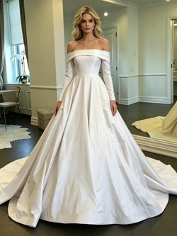 White Satin Long Sleeve Off the Shoulder Wedding Dress