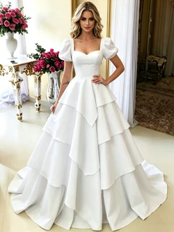 White Short Sleeve Square Neck Wedding Dress