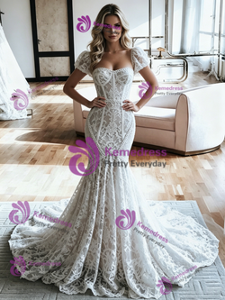 White Mermaid Lace Short Sleeve Wedding Dress