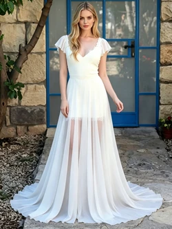 White Chiffon V-neck Wedidng Dress