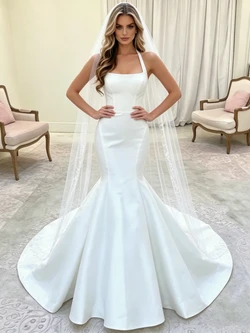 White Mermaid Satin Halter Wedding Dress