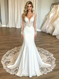 Sexy White Mermaid V-neck Long Sleeve Wedding Dress