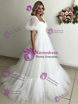 White Tulle Puff Sleeve Pleats Wedding Dress