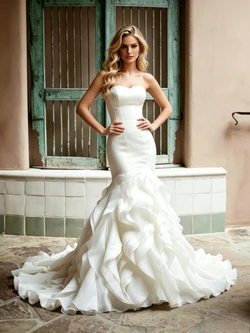 Beige White Mermaid Strapless Wedding Dress