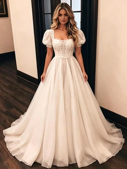 White Tulle Puff Sleeve Wedding Dress