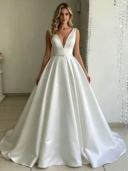 White Satin V-neck Wedding Dress