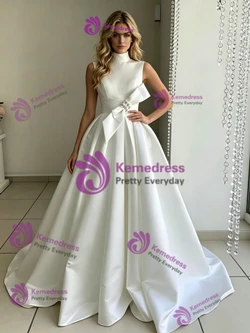 White Satin High Neck Bow Wedding Dress