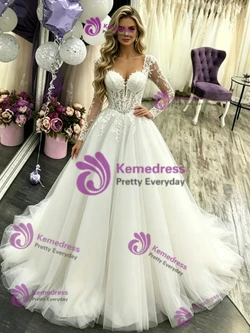 White Tulle Long Sleeve Appliques Wedding Dress