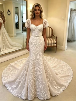 White Mermaid Lace Puff Sleeve Wedding Dress