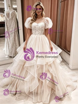 Champagne Tulle Lace Puff Sleeve Wedding Dress