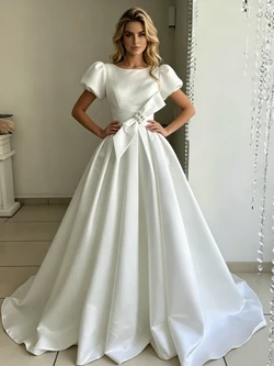 White Satin Puff Sleeve Wedding Dress