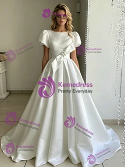 White Satin Puff Sleeve Wedding Dress