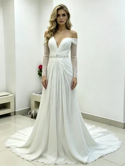 White Chiffon Long Sleeve Beading Pleats Wedding Dress