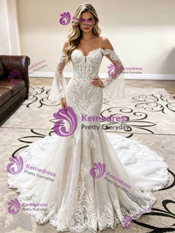 White Mermaid Lace Straps Long Sleeve Wedding Dress