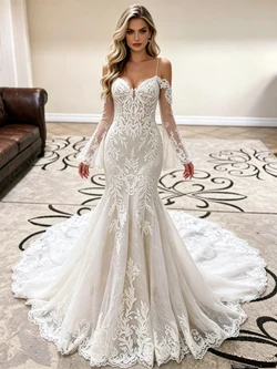 White Mermaid Lace Straps Long Sleeve Wedding Dress