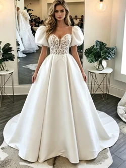 White Saton Puff Sleeve Lace Wedding Dress
